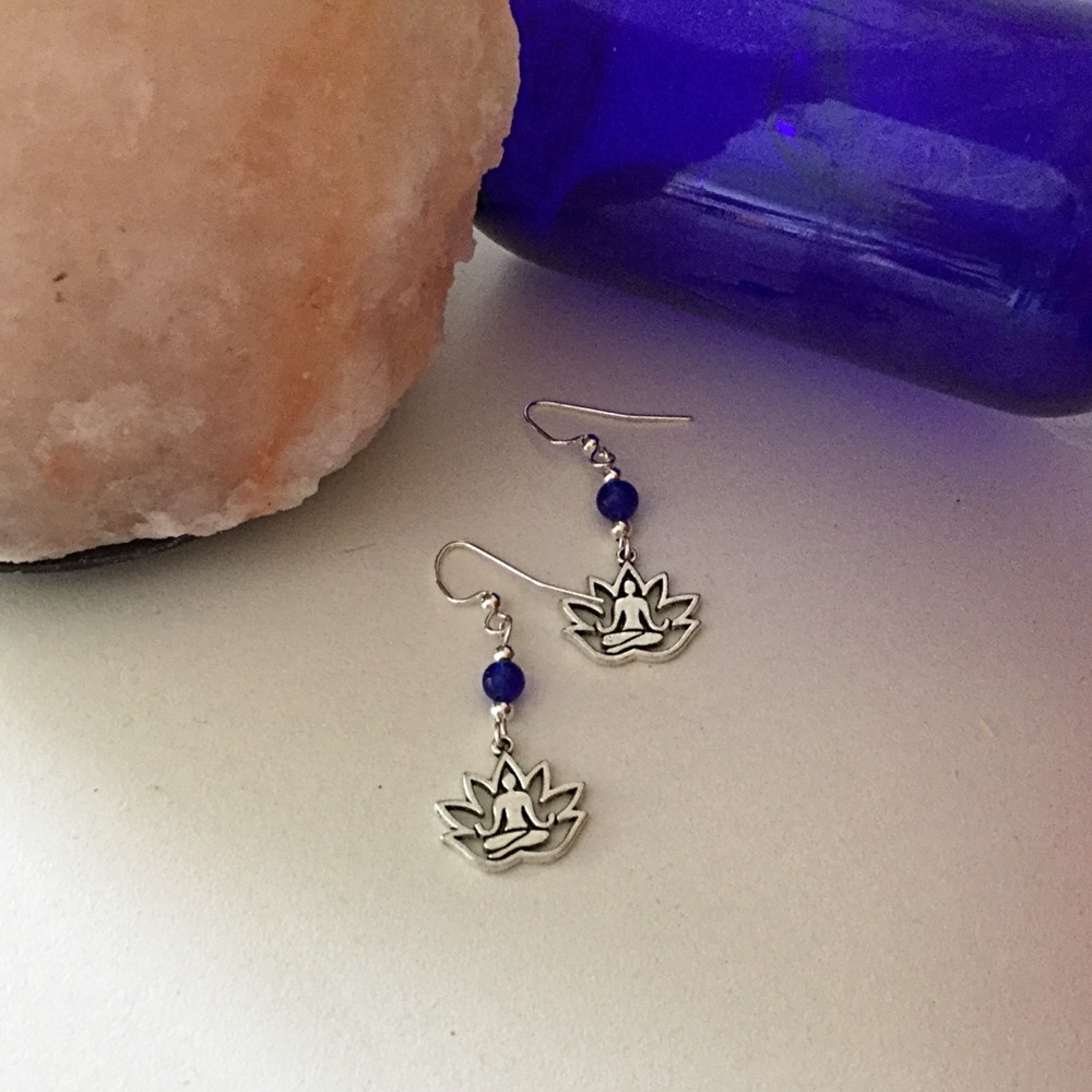 Yoga Earrings, Lotus Earrings, Cobalt Blue Earring - Picture 3 of 7